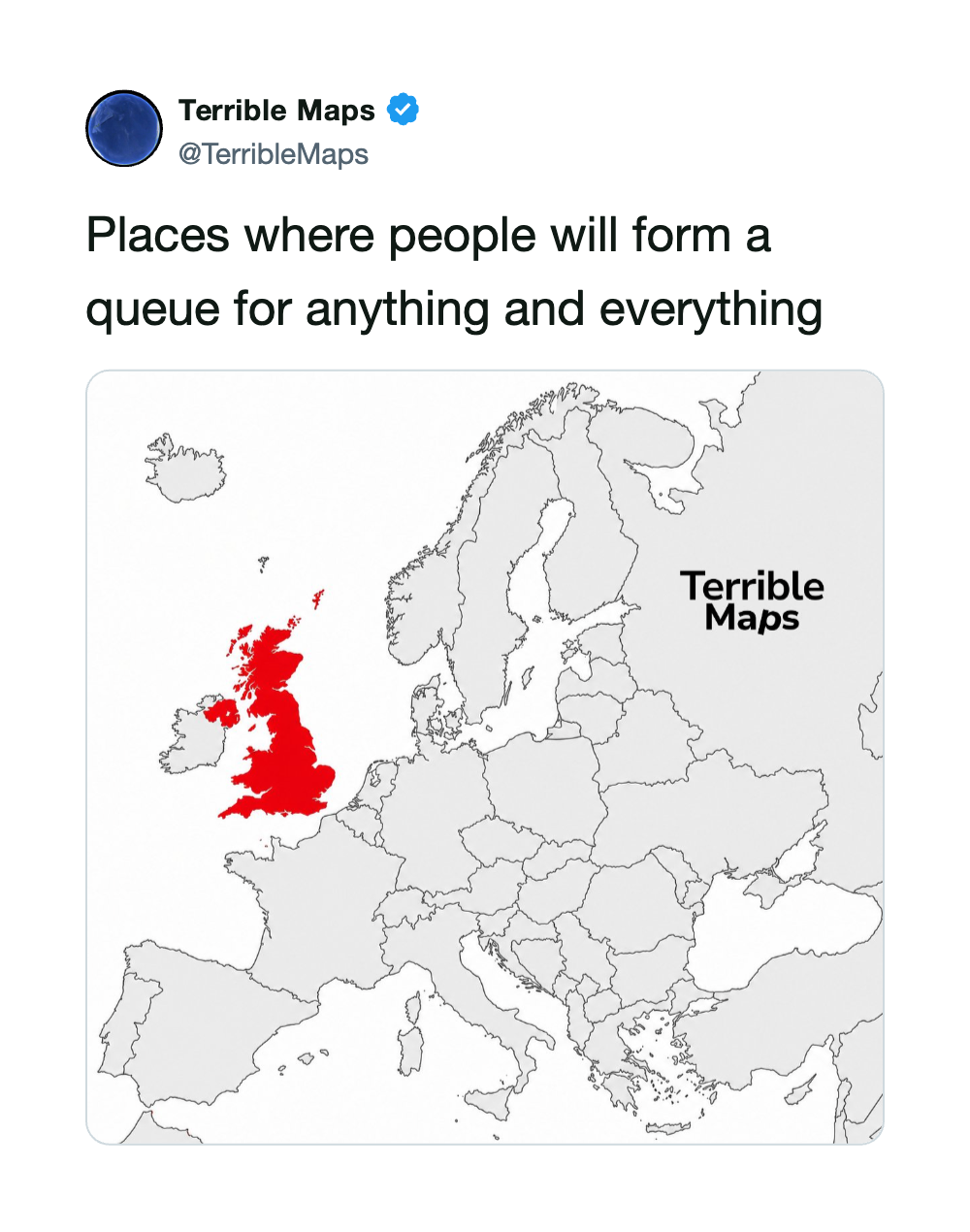 Map of Europe with the UK in red, labeled 'Terrible Maps' and caption about queues.