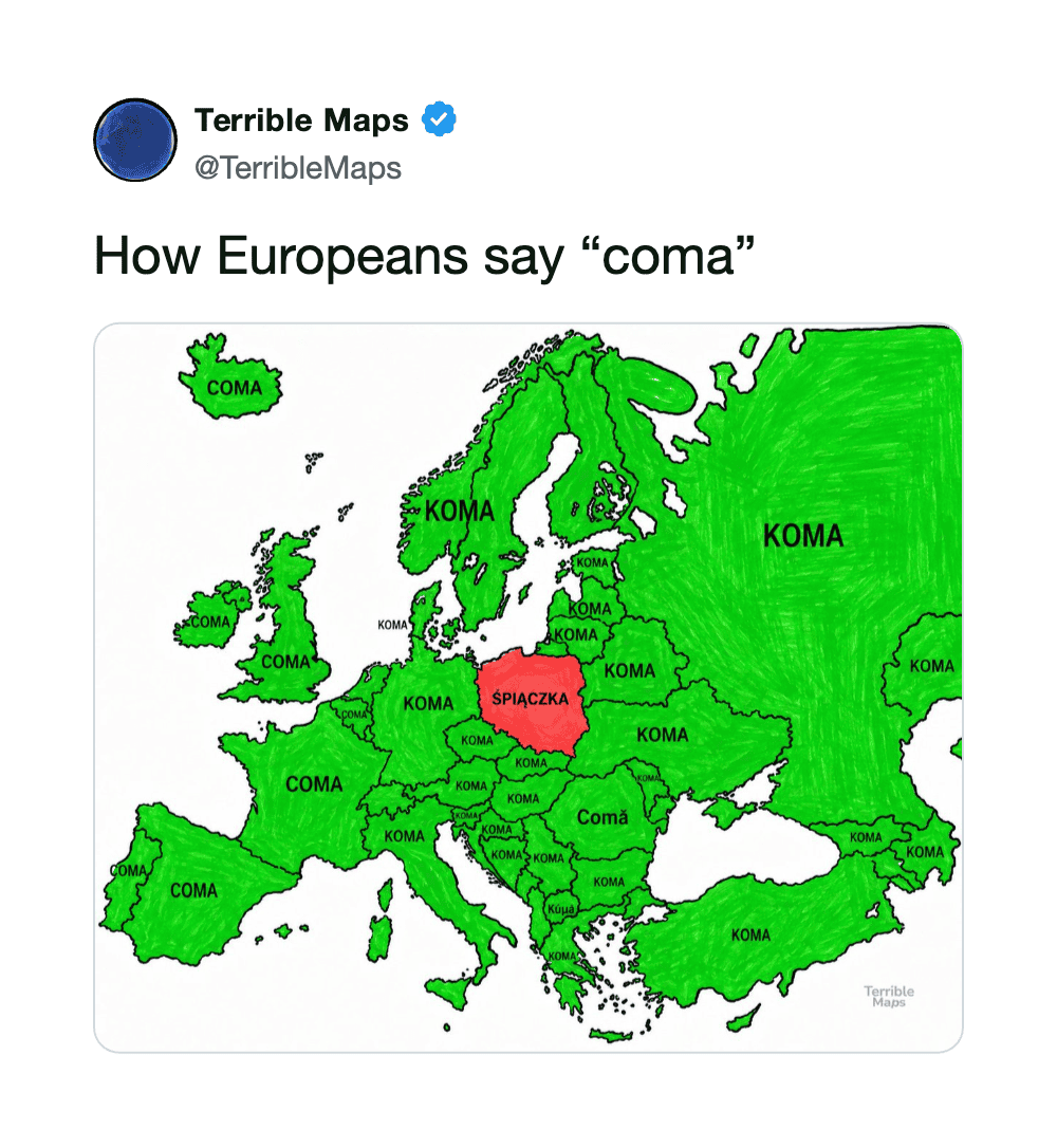 Map of Europe showing 'coma' in green and 'splażka' in red, with 'coma' in many countries.