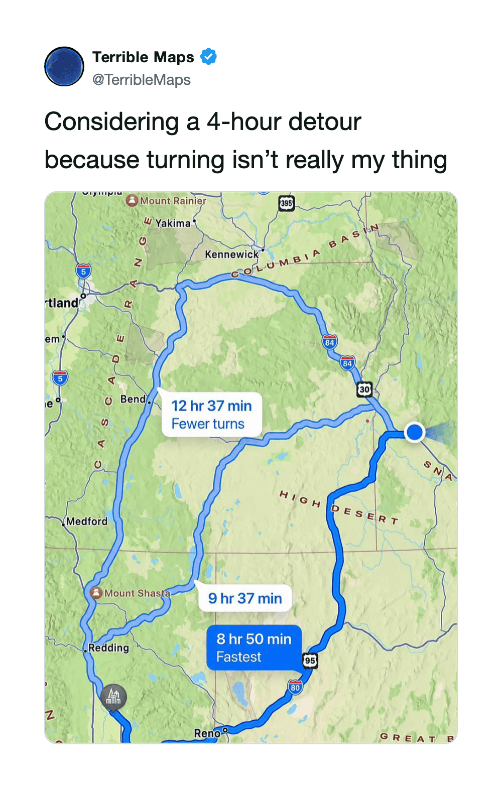 Map showing a 4-hour detour route with three options, including fastest and fewer turns routes.