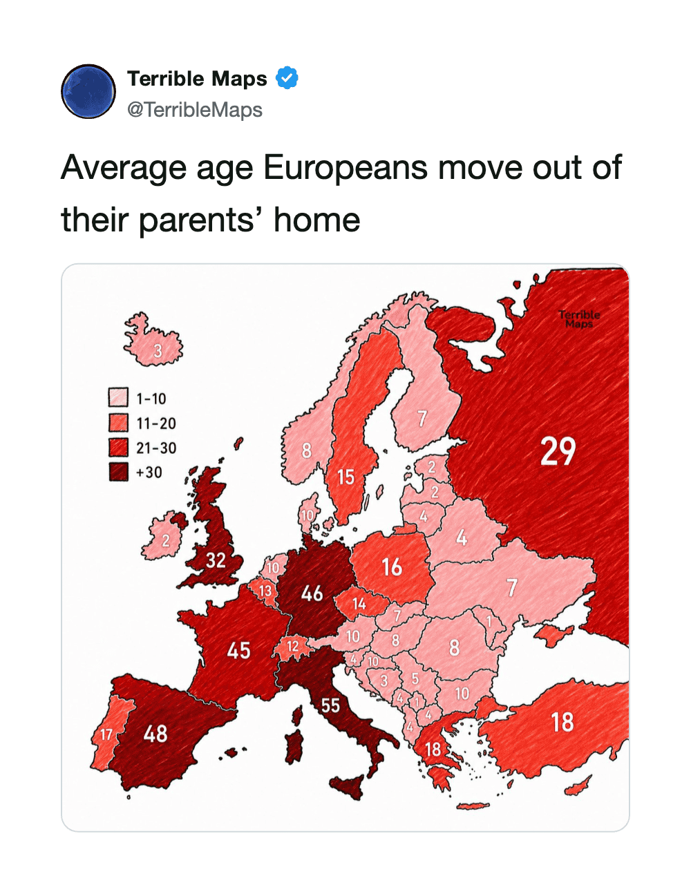 Map of Europe showing average age Europeans move out of their parents' home, with color coding.