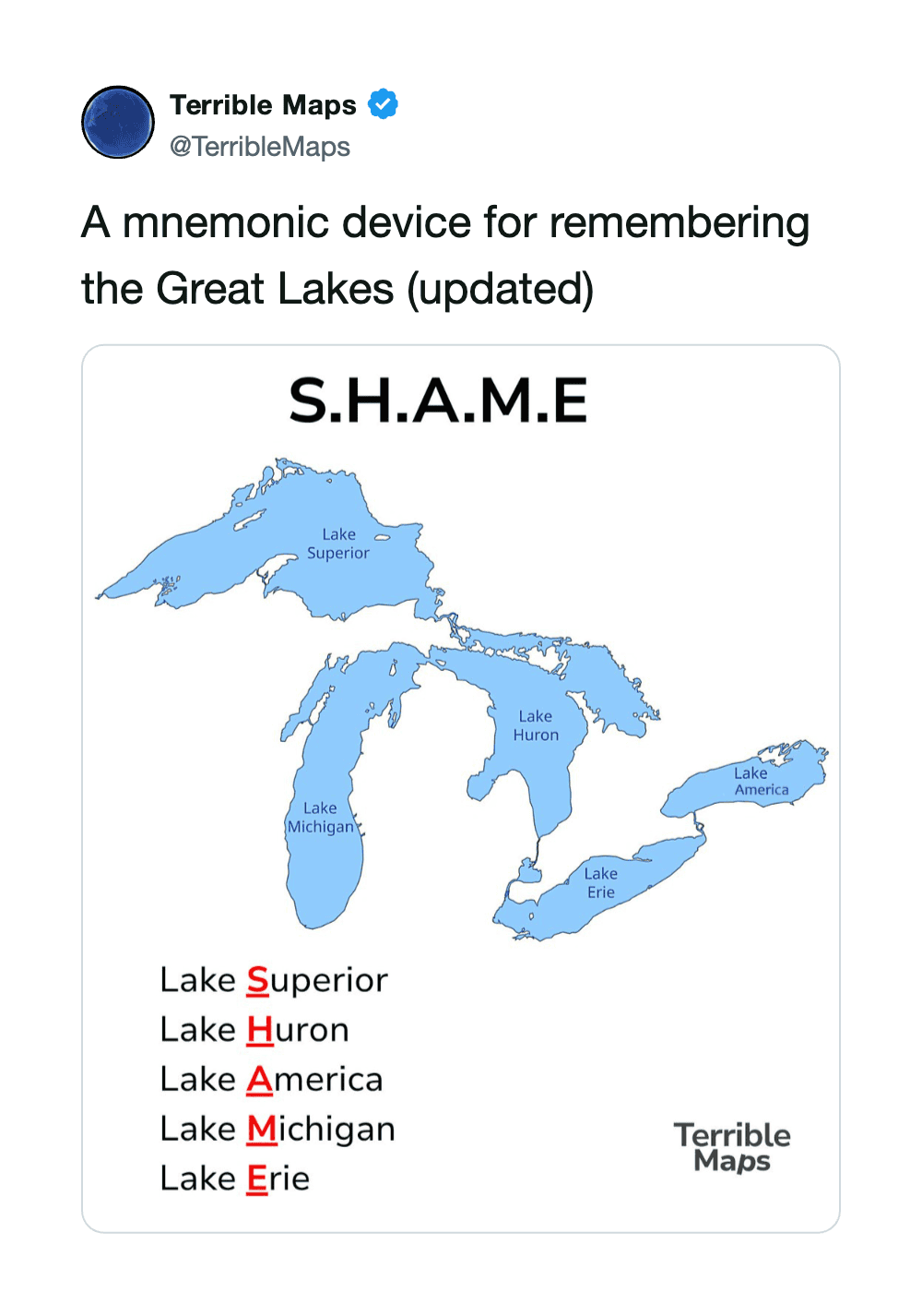 Mnemonic device for Great Lakes: S.H.A.M.E. with lakes labeled.