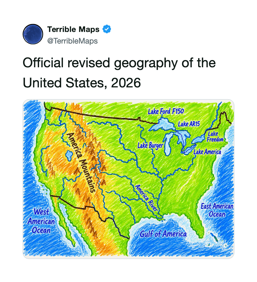 Revised 2026 US geography map showing lakes, mountains, and oceans.