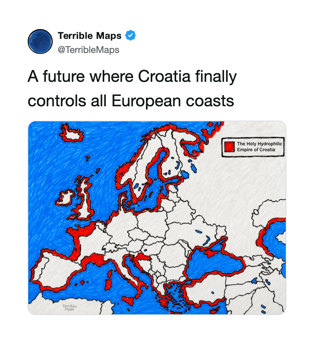 Map showing Croatia controlling all European coasts, marked in red.