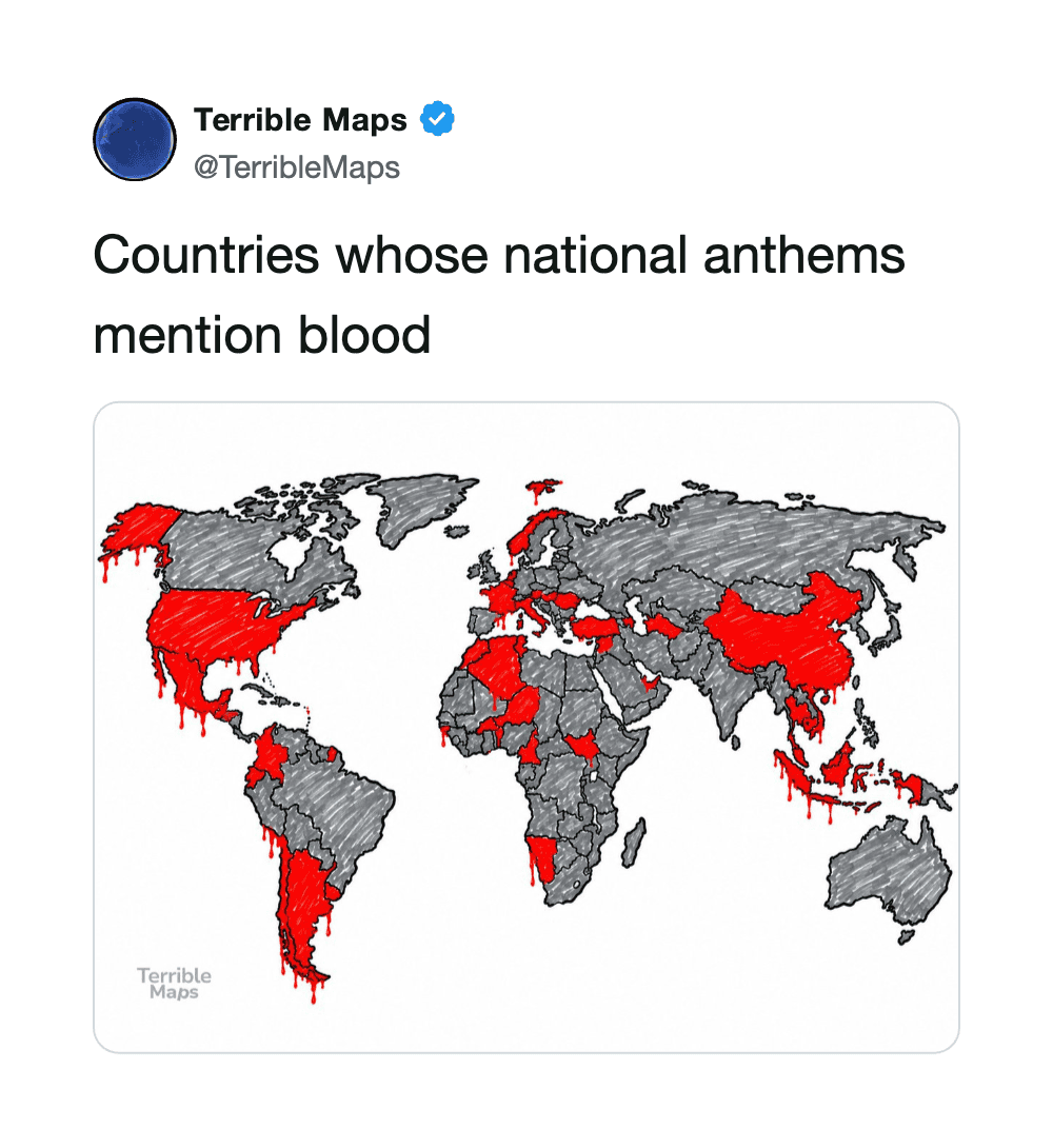 Map showing countries with blood mentions in their national anthems, highlighted in red.