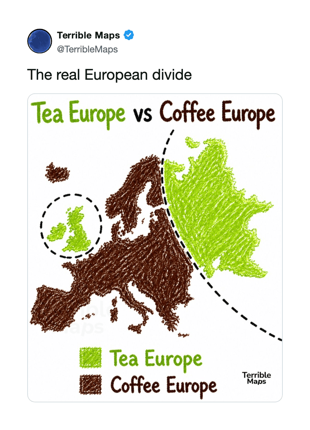 Map showing Tea Europe in green and Coffee Europe in brown with labels and dotted lines.