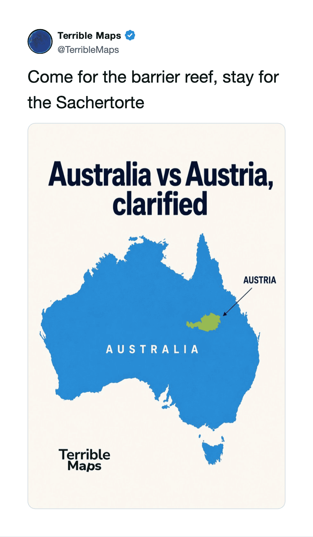 Map of Australia highlighting Austria, with text 'Australia vs Austria, clarified'.