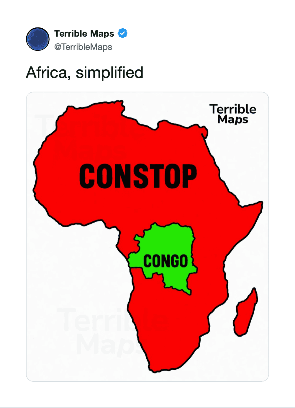 Africa map with Congo in green and the rest in red, labeled 'CONSTOP' and 'Terrible Maps'.