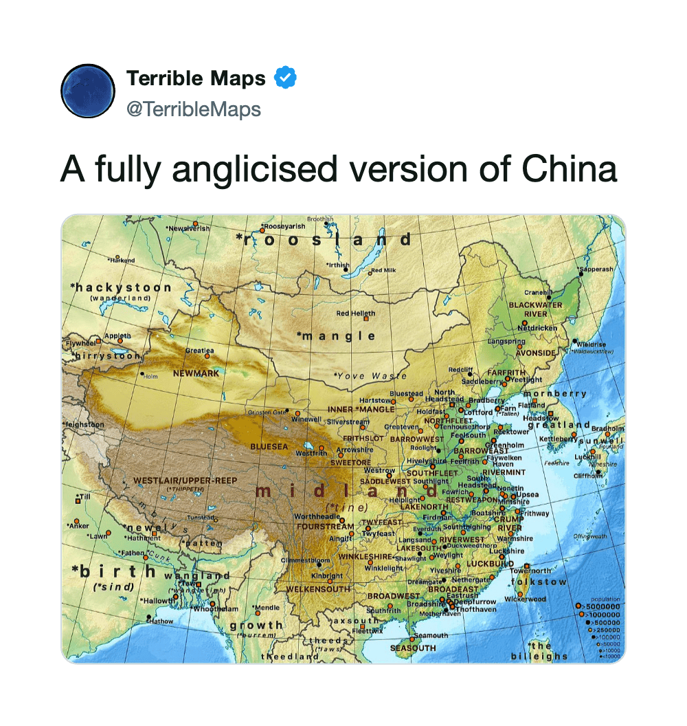 A fully anglicised version of China map with humorous misspellings and labels.