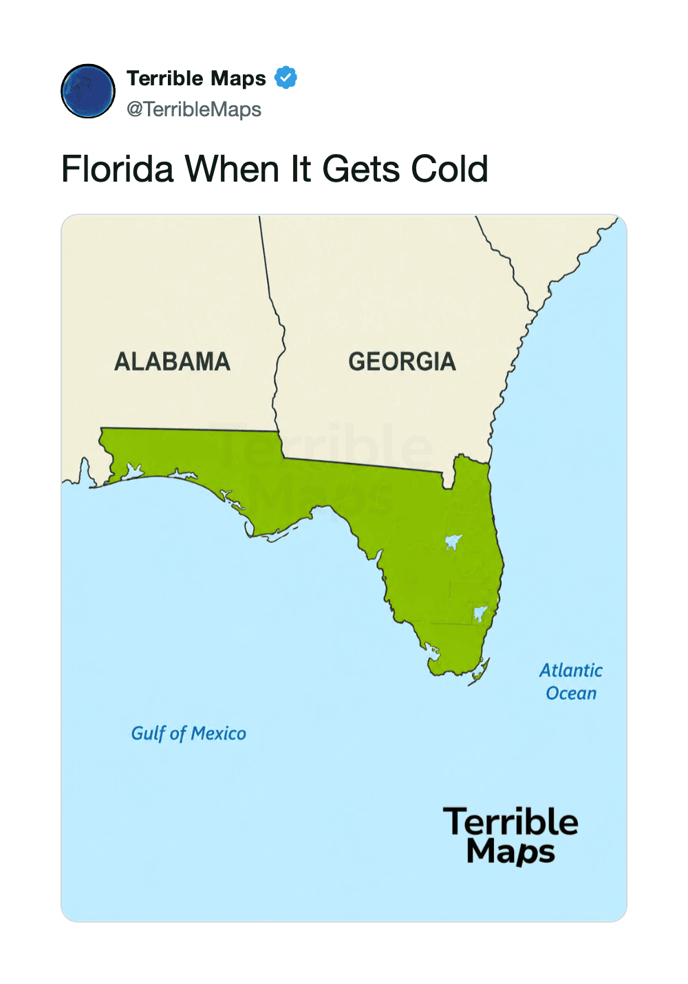 Map of Florida showing the southern part in green, labeled 'Florida When It Gets Cold'.