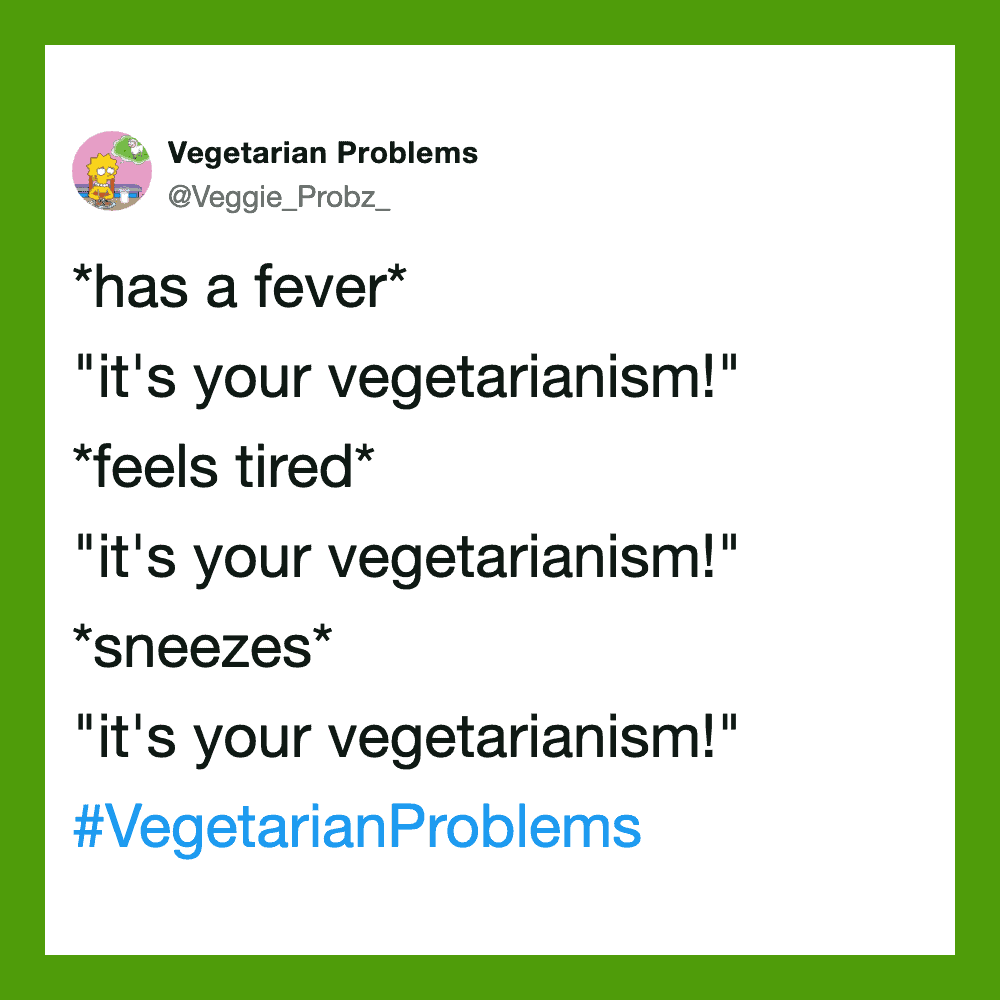 Vegetarian Problems tweet about fever, tiredness, sneezes, all blaming vegetarianism.