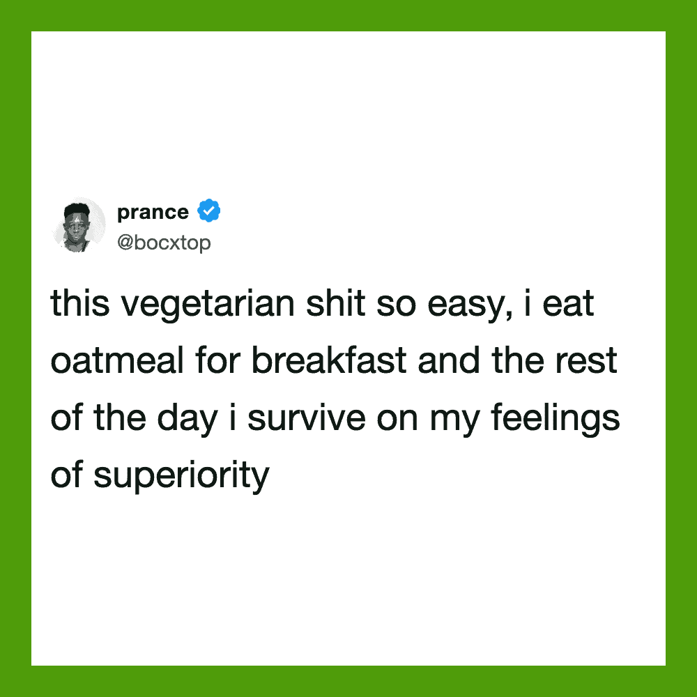 Prance's tweet about eating oatmeal for breakfast and surviving on feelings of superiority.