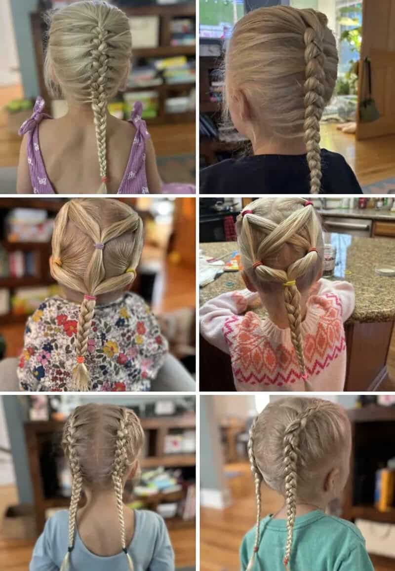 Six children with various braided hairstyles in different settings.