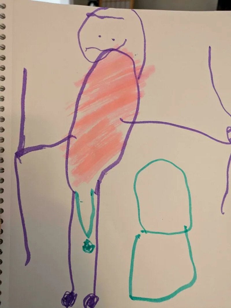 Child's drawing of a person with a pink body, purple arms and head, and green legs.