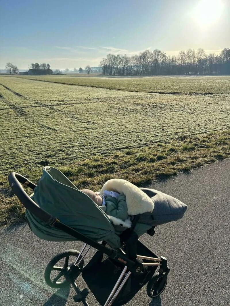 Baby in stroller on a walk in a rural area with fields and trees.