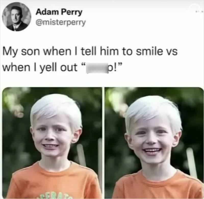 A boy showing a sad face when told to smile, then smiling happily when yelled at.