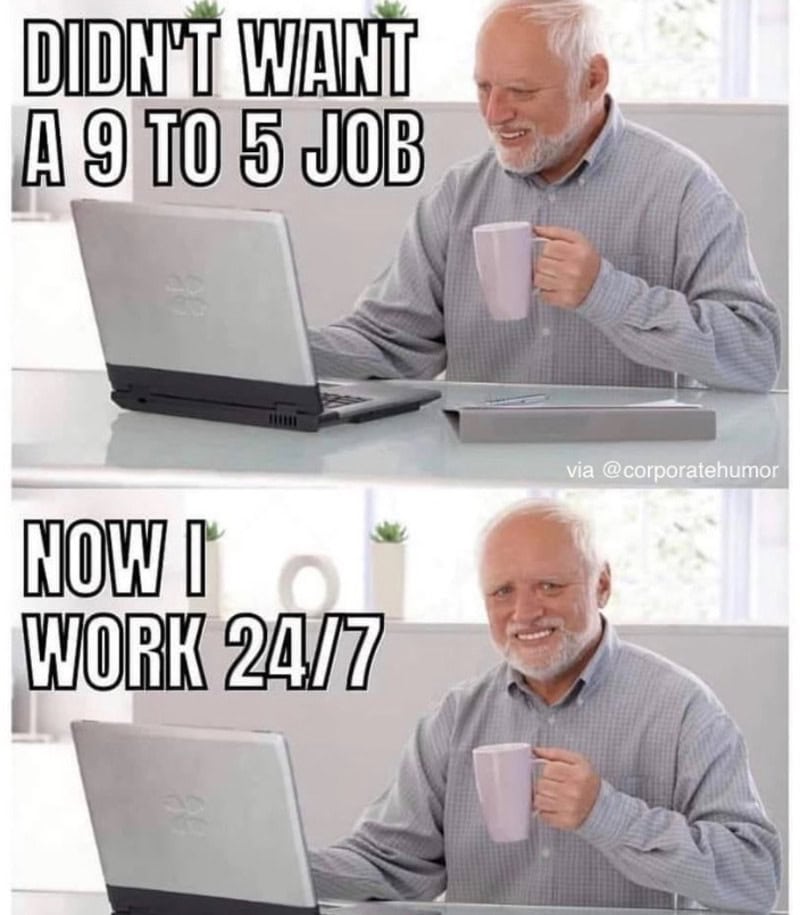 Older man smiling with coffee mug in front of laptop, meme about work shift change.