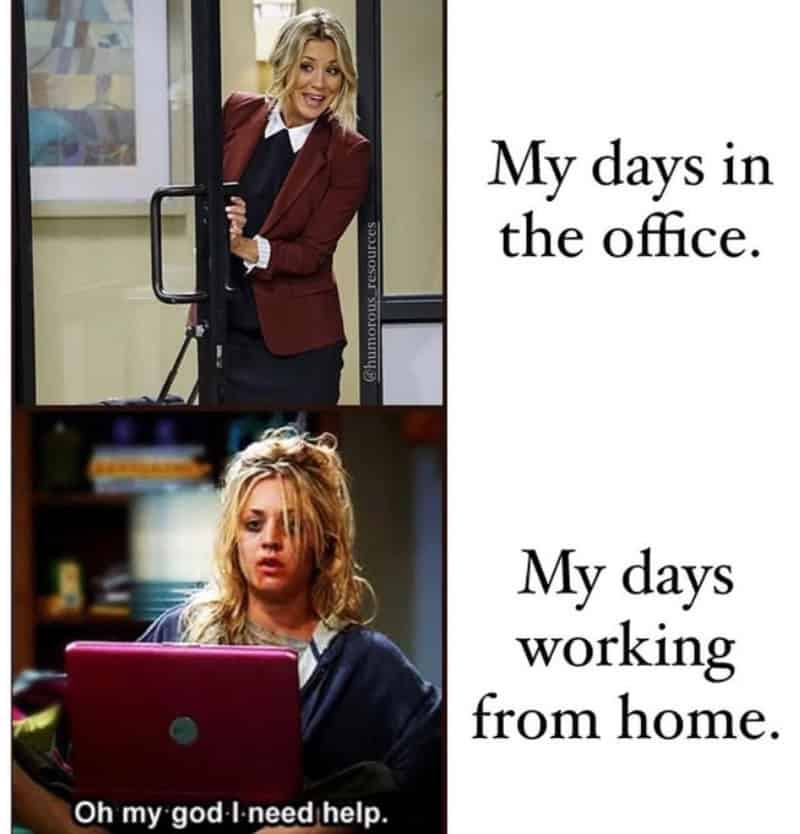 Two women, one in an office and one working from home, with text about their work days.