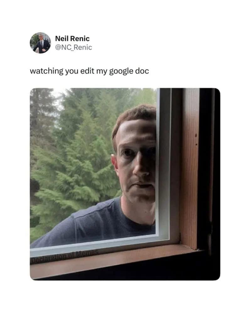 Man looking through a window with trees outside, caption about editing a Google Doc.