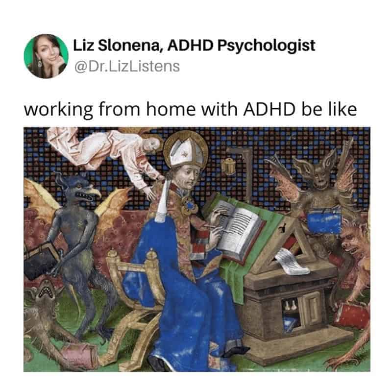 Working from home with ADHD be like, chaotic scene with a woman at a desk surrounded by fantastical,.