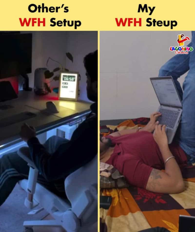 Comparison of two WFH setups, one dark with a clock and the other bright with a person on a laptop.