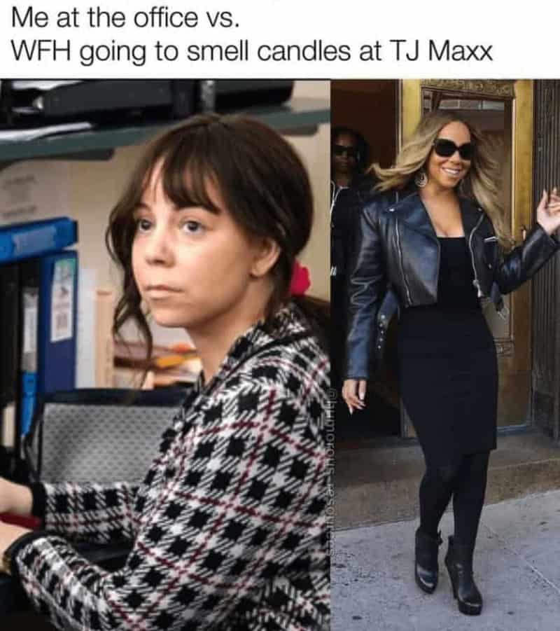 Comparison of woman at office and woman smelling candles at TJ Maxx.