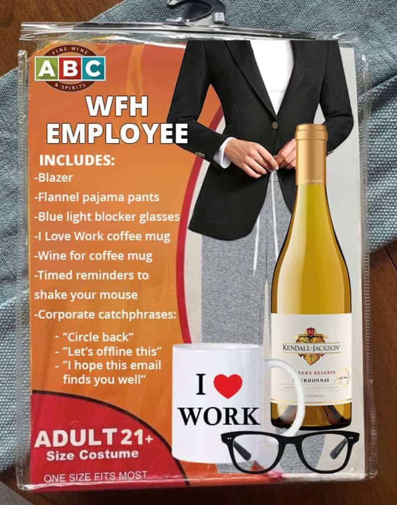 WFH employee costume includes blazer, flannel pajamas, glasses, coffee mug, wine, and more.