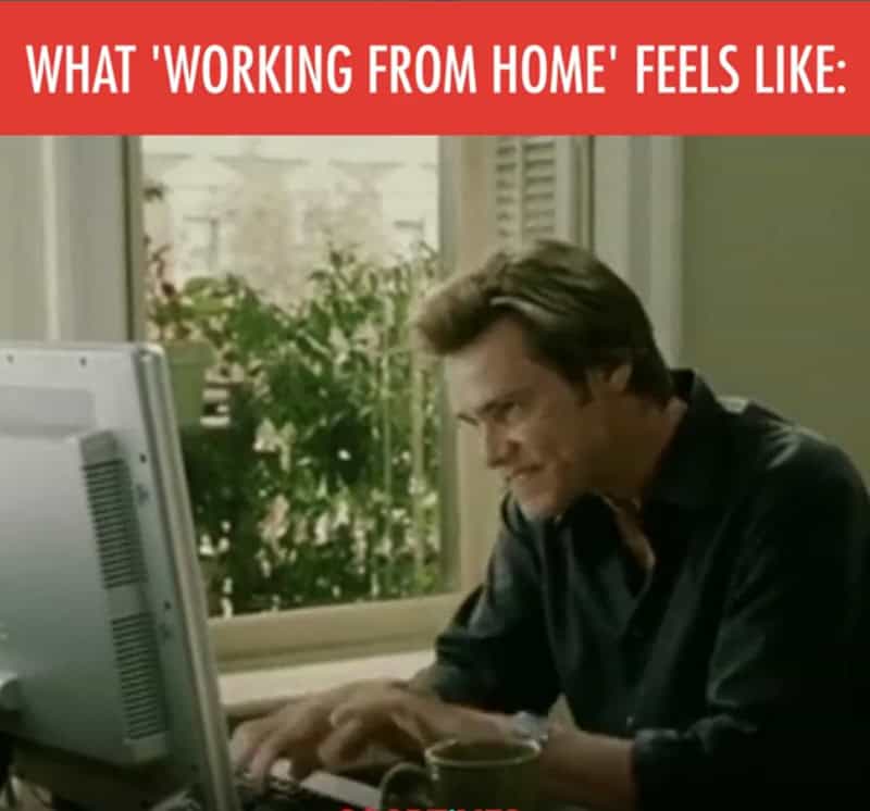 Man working at home on a computer with the caption 'What 'working from home' feels like'.