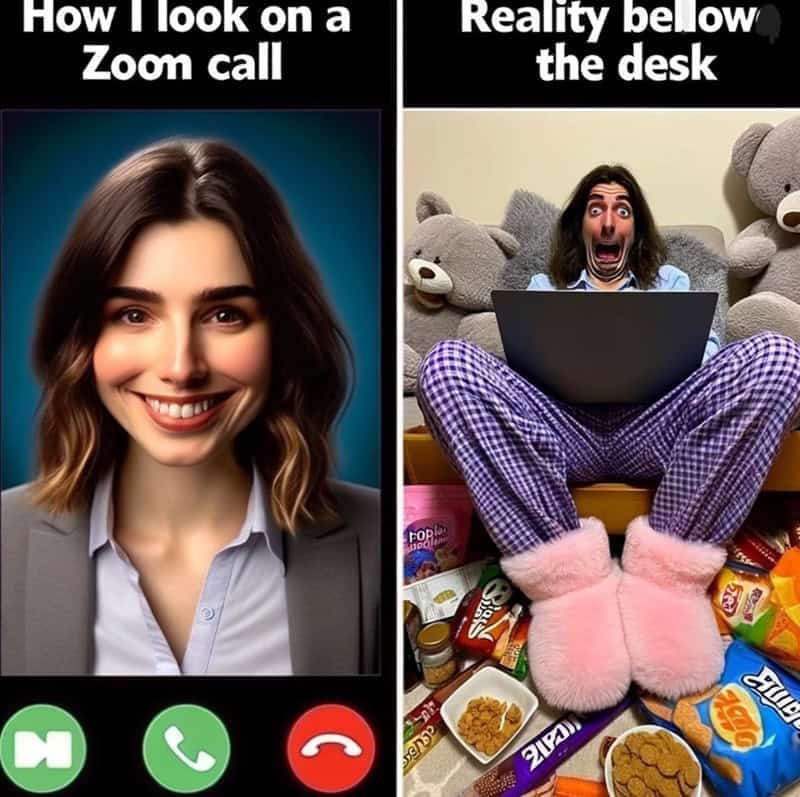 Comparison of how I look on a Zoom call versus reality below the desk.