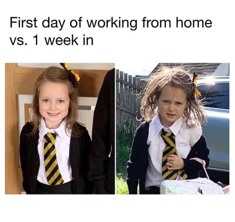 Comparison of a girl smiling at her first day of working from home versus after one week.