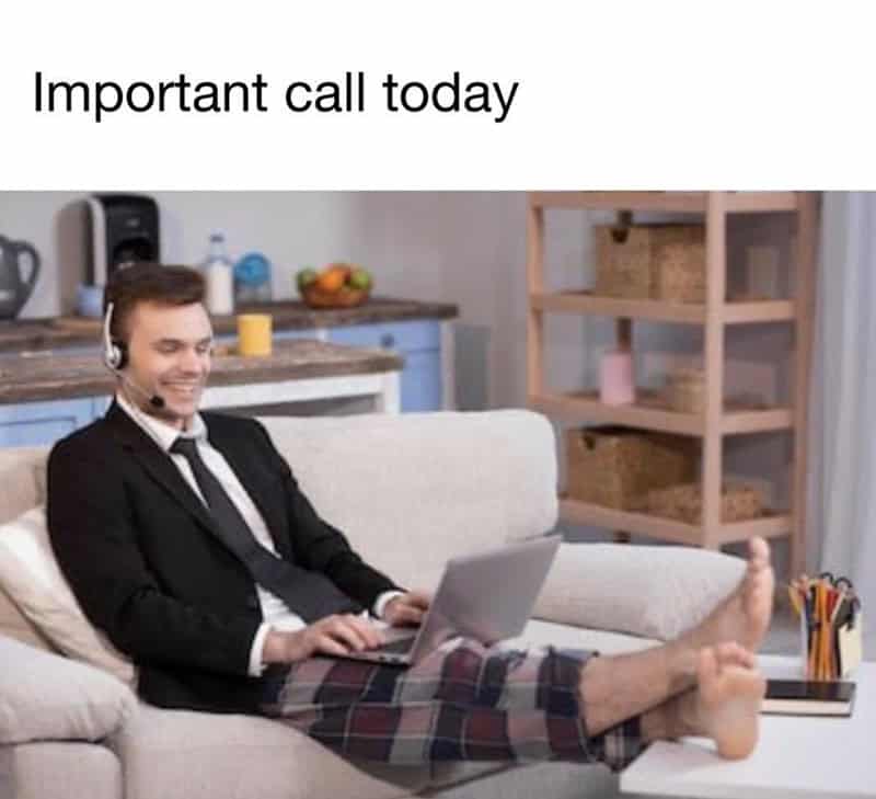 Man in suit with headset working on laptop at home with text 'Important call today'.