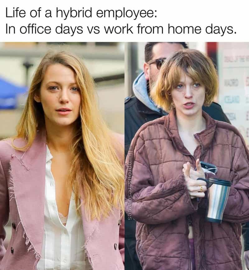 Comparison of a woman working from home and in the office.