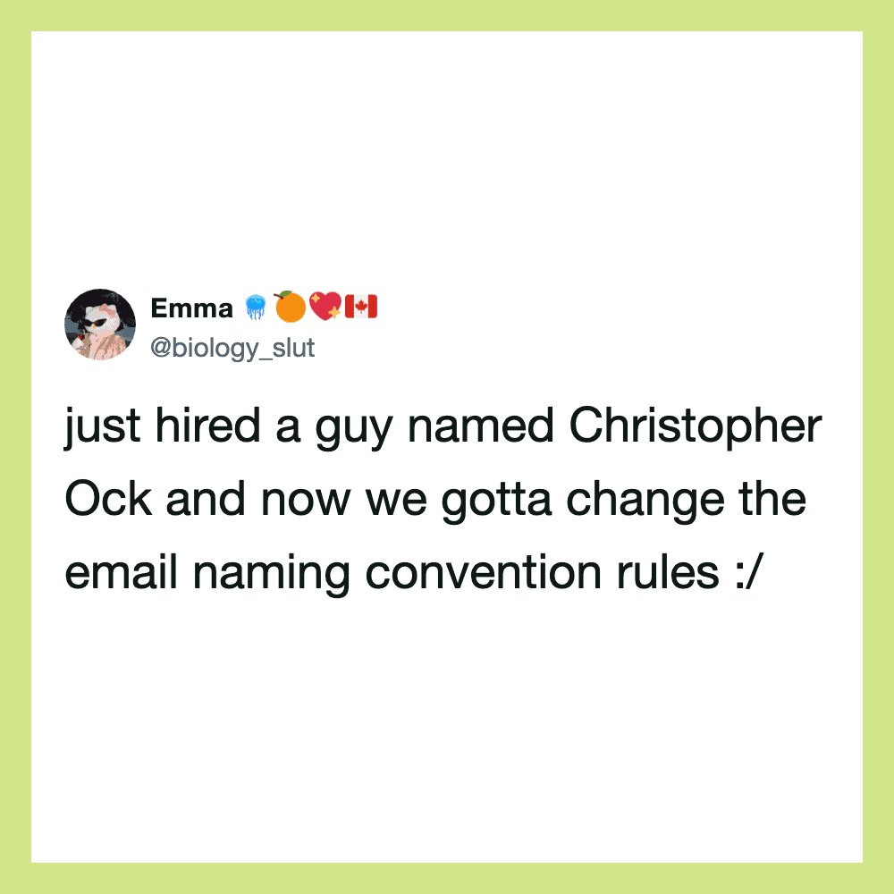 Twitter post about hiring Christopher Ock and changing email naming rules.