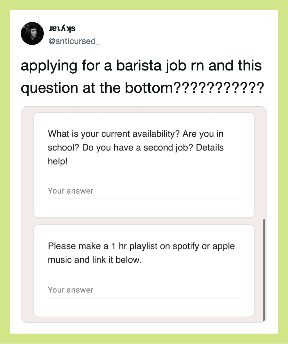 Applying for a barista job, asking about availability and playlist links.