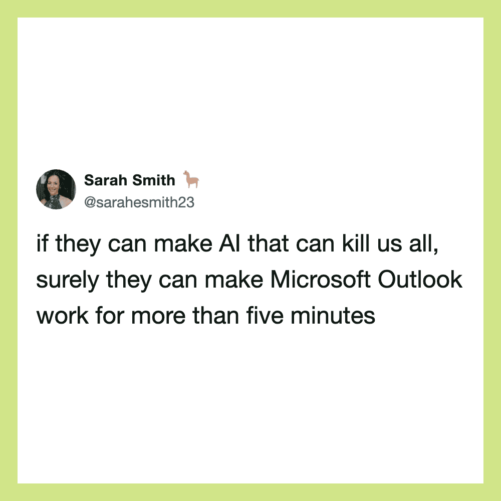 Sarah Smith's tweet about AI and Microsoft Outlook from work tweets.