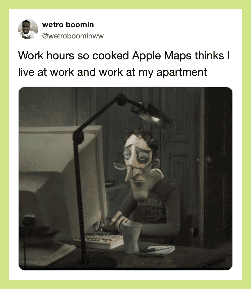 Animated character with tired eyes working at a computer with a lamp and coffee mug.