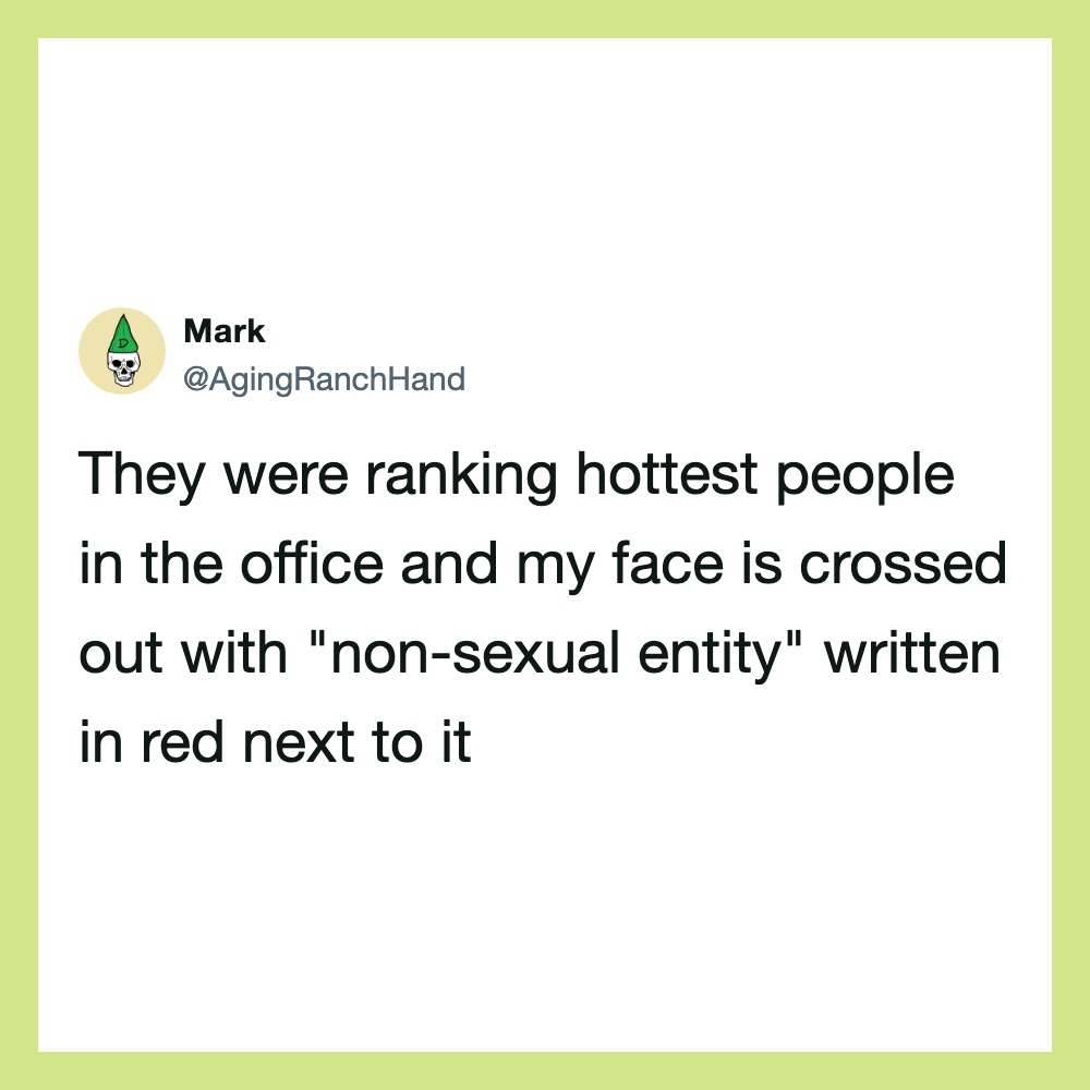 A tweet from Mark about office ranking and a humorous red 'non-sexual entity' note.