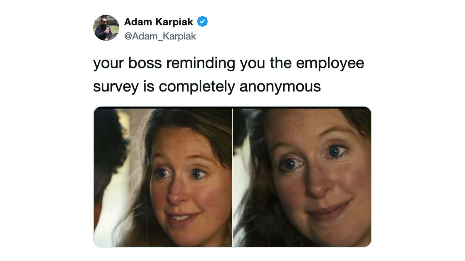 A woman with a surprised expression, side-by-side with a similar woman smiling.