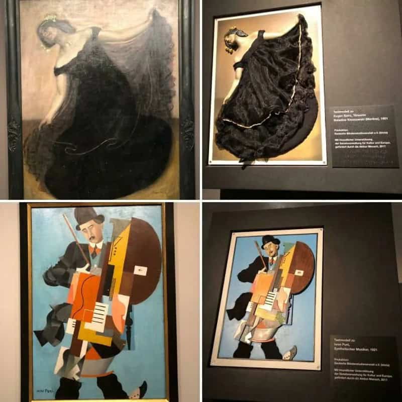 Four art pieces, two classical paintings and two modern cubist-style artworks.