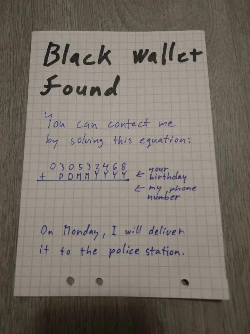 Note about a found black wallet with contact info and a plan to deliver it to police.