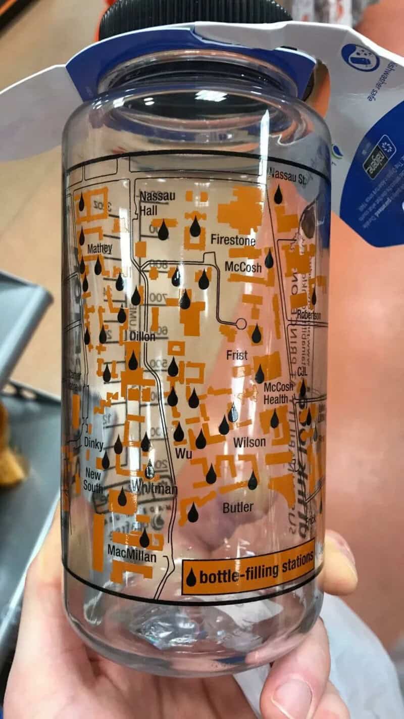 Water bottle with a map of a campus and bottle-filling station label.