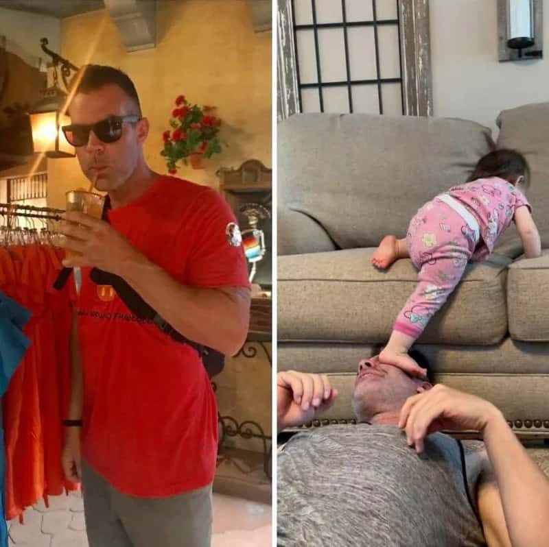 Man with sunglasses and drink, girl on couch with head on man's face.