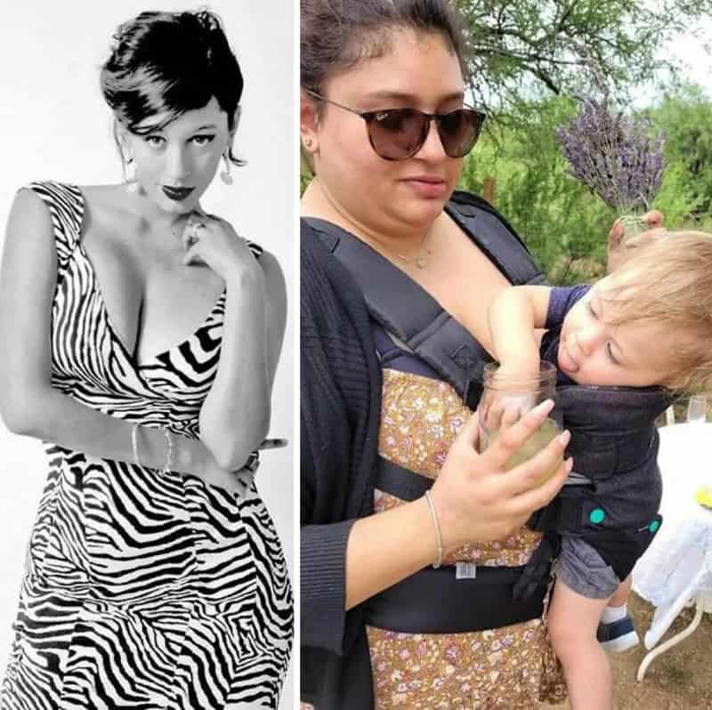 Black and white photo of a woman with short hair in a zebra print dress.