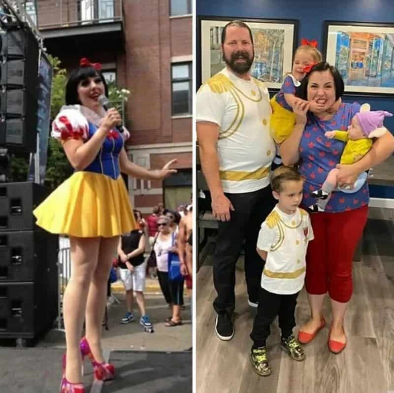 Costumed woman as Snow White speaking at an outdoor event, family portrait indoors.