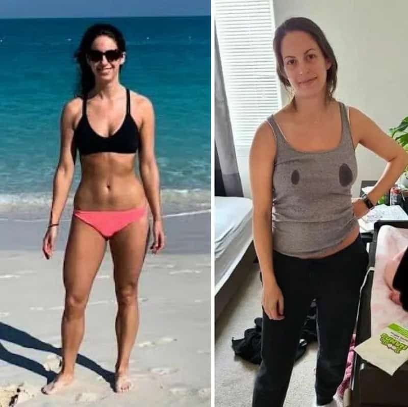Two women, one at the beach and one indoors, both with slim physiques and casual outfits.