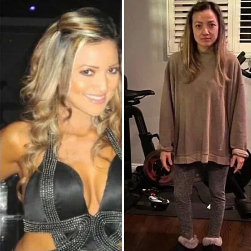 Before and after photos of a woman, showing a transformation from glamorous to casual.
