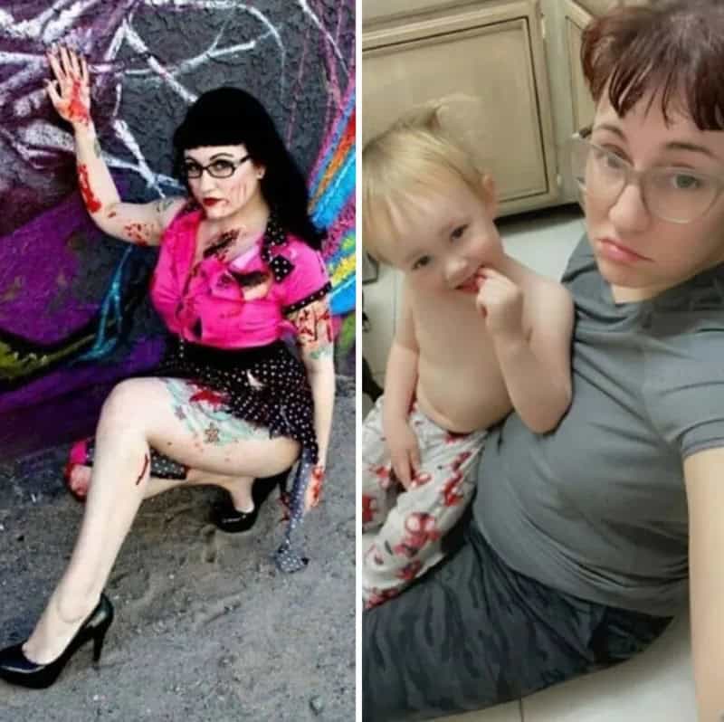 Woman and child in a humorous 'toddlered' moment, woman with glasses and child with finger in mouth.