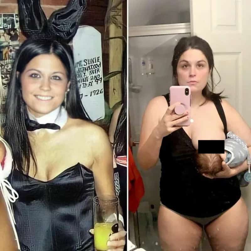 Two women, one dressed as a bunny and the other holding a baby, in a bathroom.