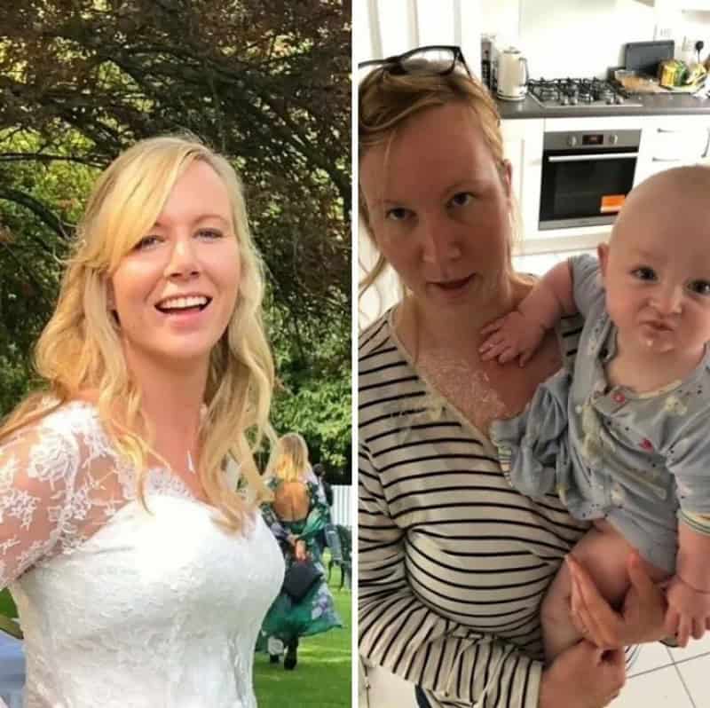 Woman in white dress outdoors and woman with baby in kitchen.
