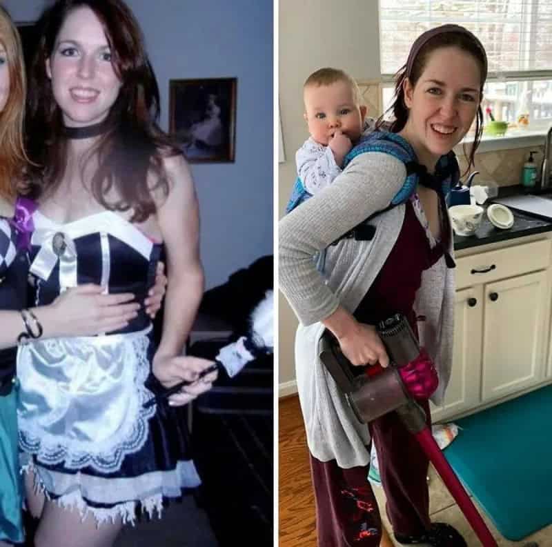 Two women, one in a maid costume, the other with a baby on her back holding a vacuum.