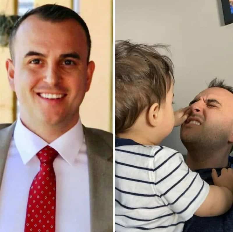 Split image of a man in a suit and a child touching his face.